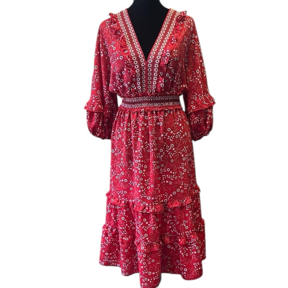 Max Studio Red Sundress with Ruffled Tiered Skirt and 3/4 Bishop Sleeves size S